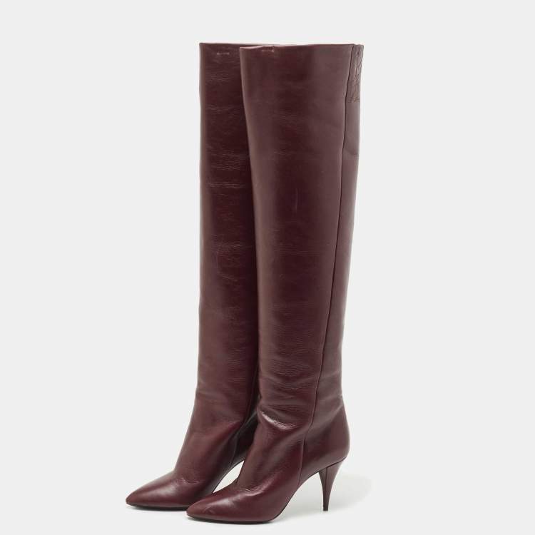 Pre Owned Saint Laurent Purple Leather Knee Length Boots Size 38