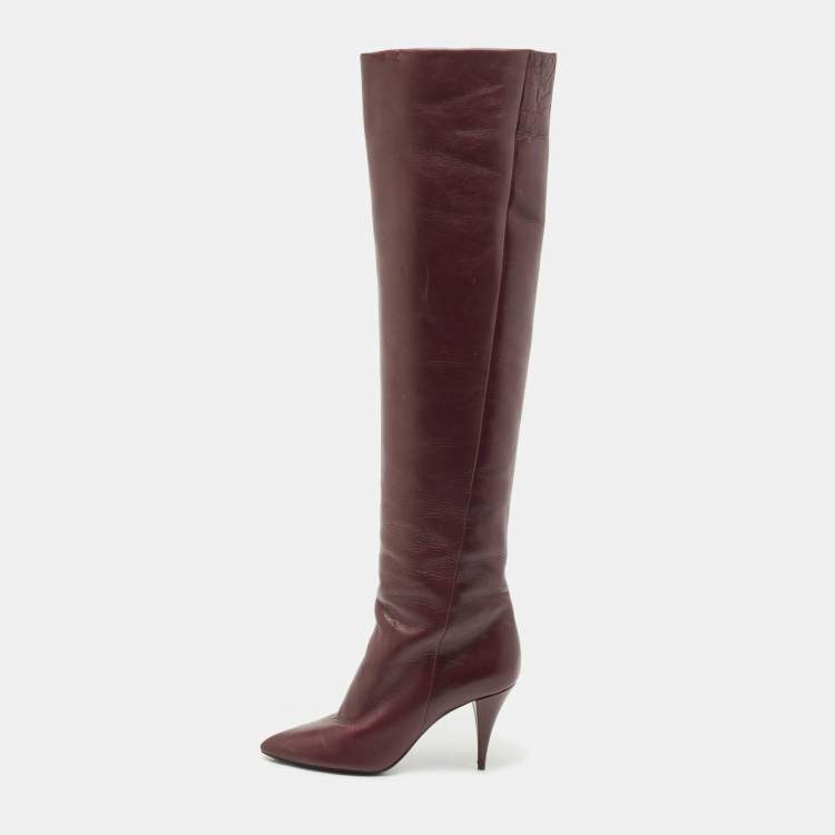 Pre Owned Saint Laurent Purple Leather Knee Length Boots Size 38