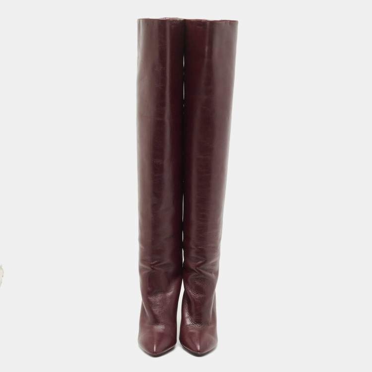 Pre Owned Saint Laurent Purple Leather Knee Length Boots Size 38