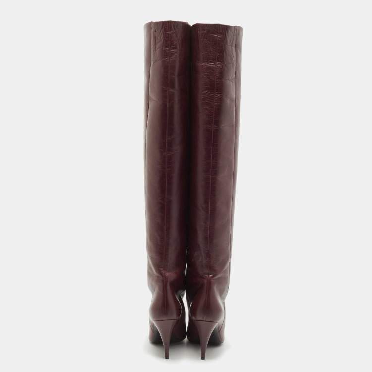 Pre Owned Saint Laurent Purple Leather Knee Length Boots Size 38