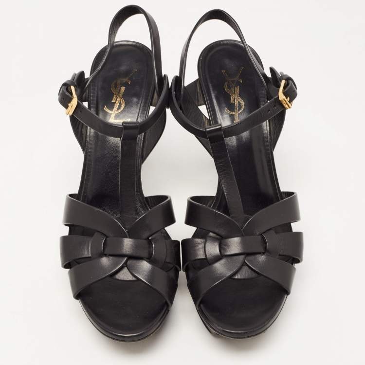 Pre Owned Saint Laurent Black Leather Tribute Ankle Strap Sandals Size 38.5