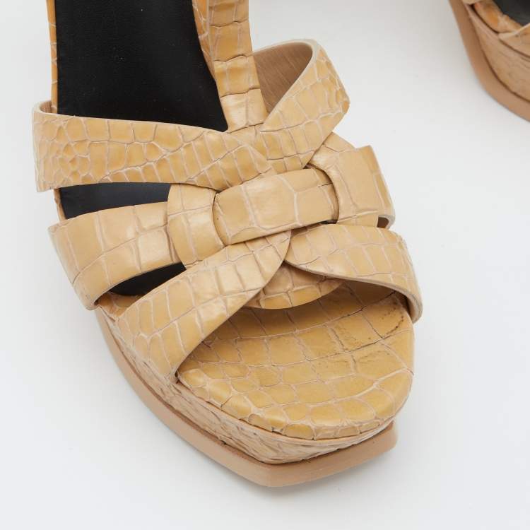 Pre Owned Saint Laurent Beige Croc Embossed Leather Tribute Sandals Size 38.5