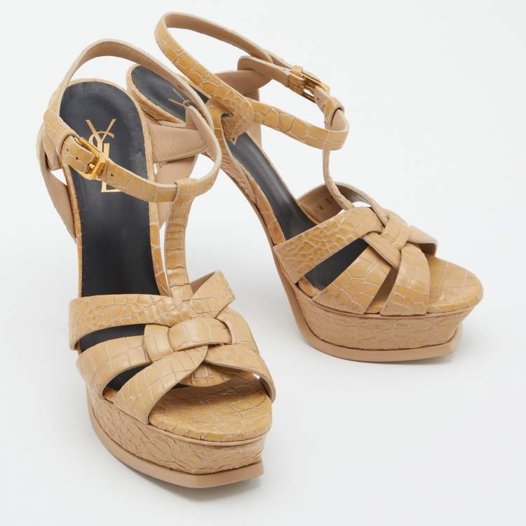 Pre Owned Saint Laurent Beige Croc Embossed Leather Tribute Sandals Size 38.5