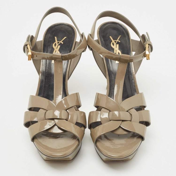 Pre Owned Saint Laurent Olive Green Patent Leather Tribute Sandals Size 35.5