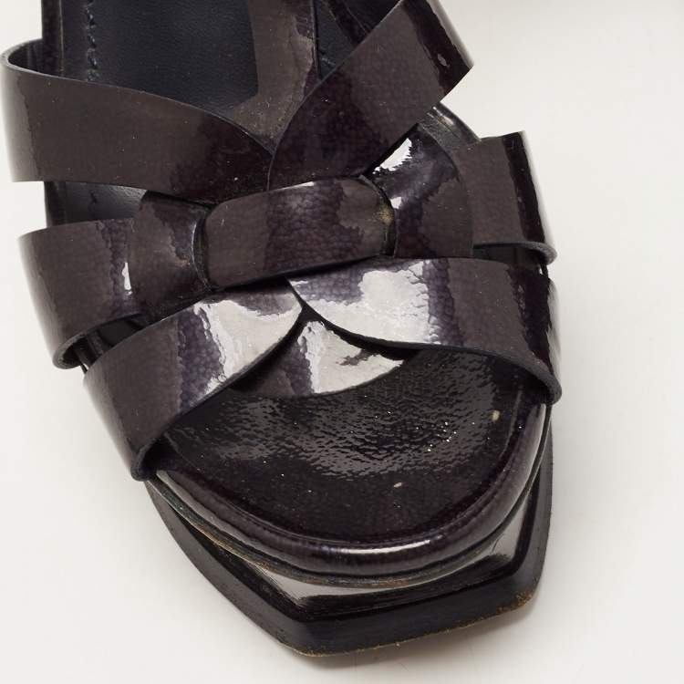 Pre Owned Saint Laurent Navy Blue/Black Patent Leather Tribute Sandals Size 36