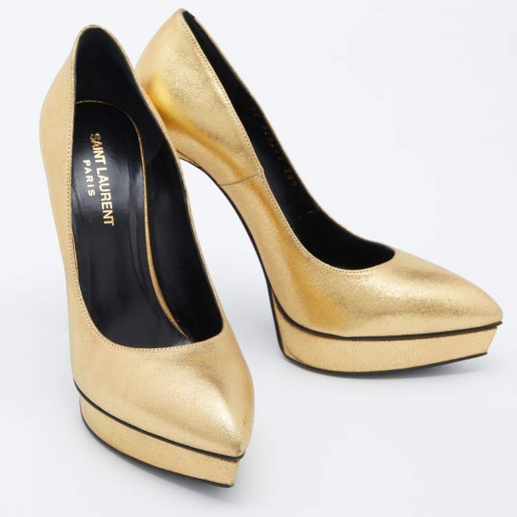 Pre Owned Saint Laurent Gold Leather Janis Pointed Toe Platform Pumps Size 38.5