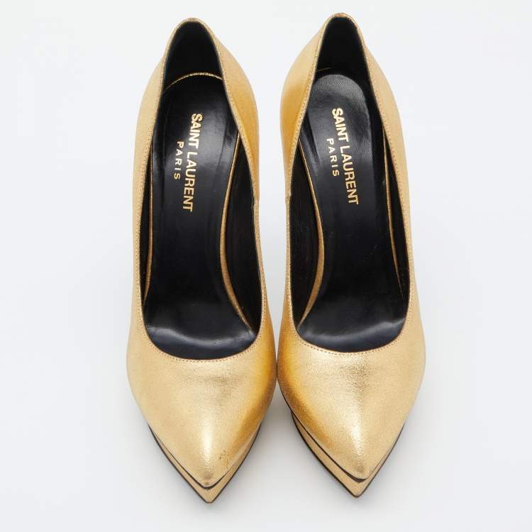 Pre Owned Saint Laurent Gold Leather Janis Pointed Toe Platform Pumps Size 38.5