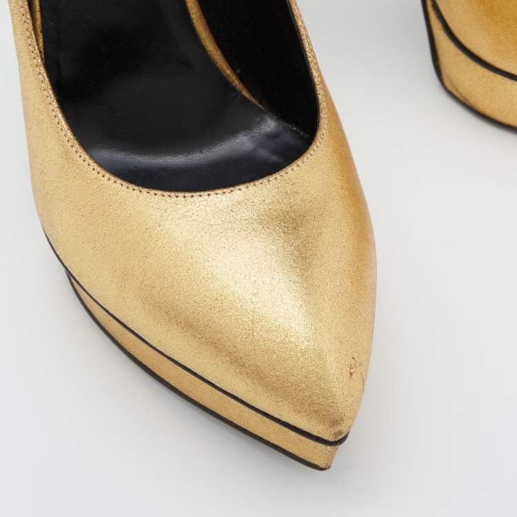 Pre Owned Saint Laurent Gold Leather Janis Pointed Toe Platform Pumps Size 38.5