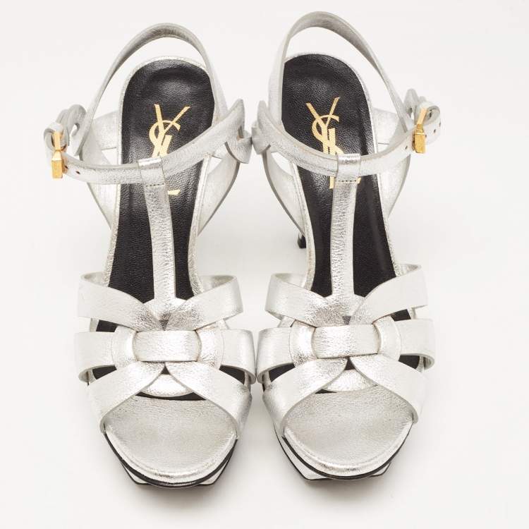 Pre Owned Saint Laurent Silver Leather Tribute Sandals Size 35