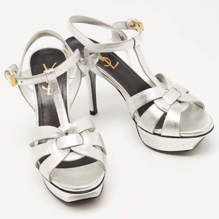 Pre Owned Saint Laurent Silver Leather Tribute Sandals Size 35