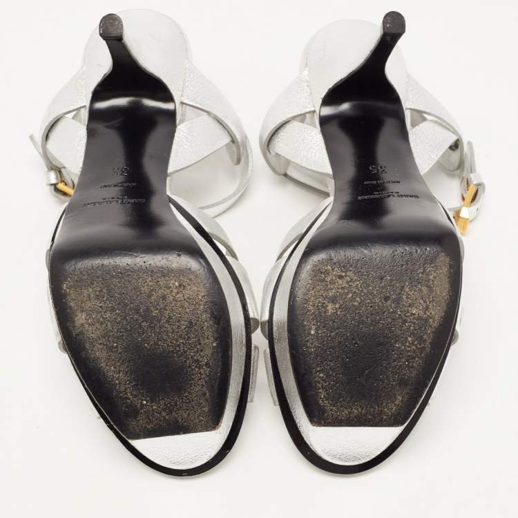 Pre Owned Saint Laurent Silver Leather Tribute Sandals Size 35
