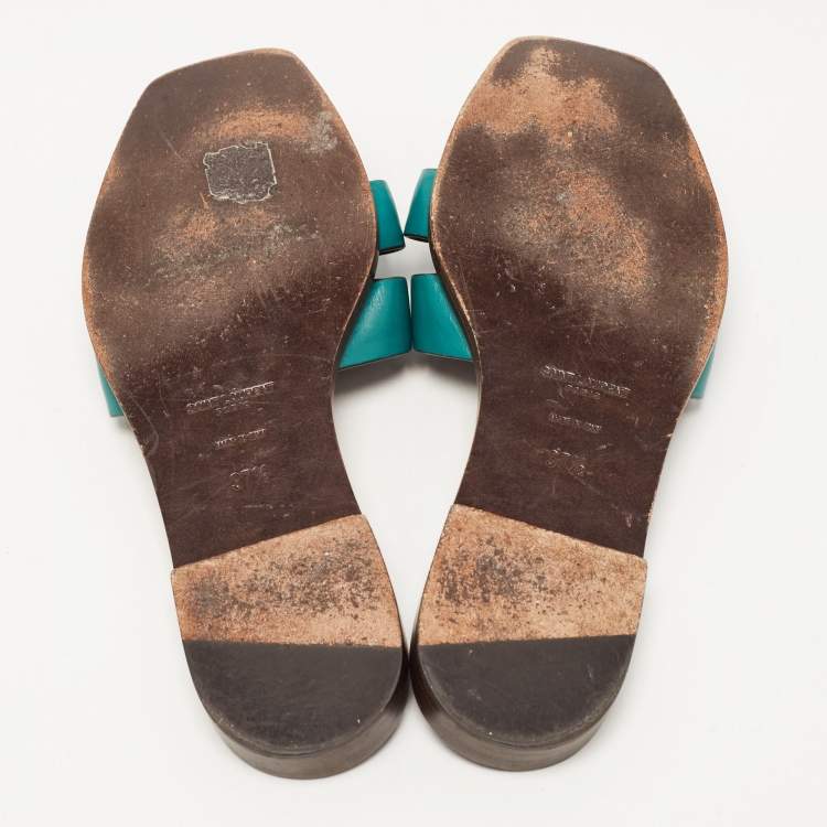 Pre Owned Saint Laurent Green Leather Tribute Flat Slides Size 37.5
