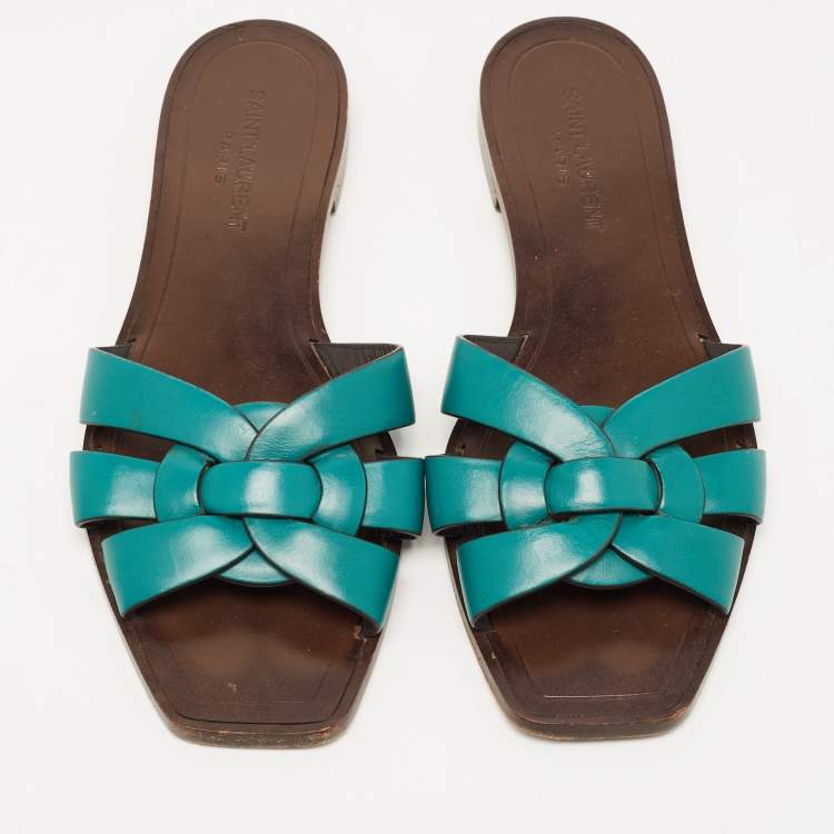 Pre Owned Saint Laurent Green Leather Tribute Flat Slides Size 37.5