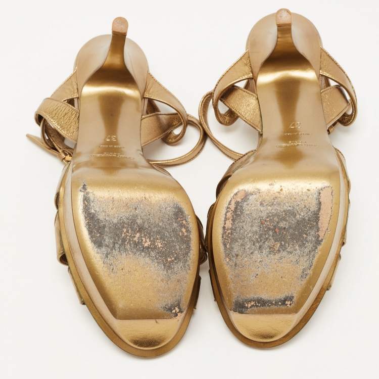 Pre Owned Saint Laurent Metallic Gold Leather Tribute Sandals Size 37