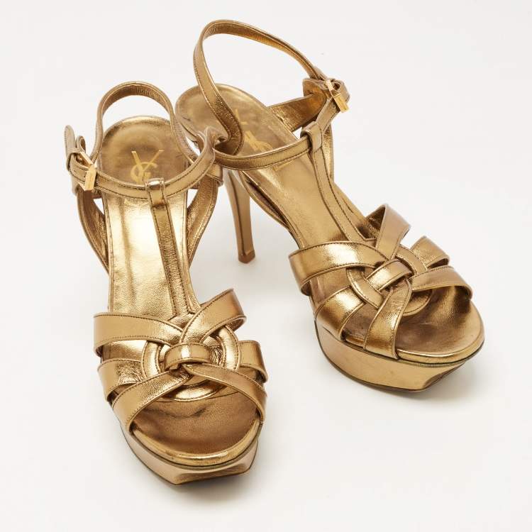 Pre Owned Saint Laurent Metallic Gold Leather Tribute Sandals Size 37