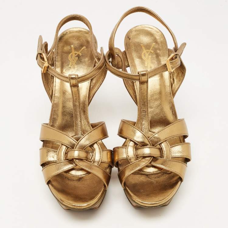 Pre Owned Saint Laurent Metallic Gold Leather Tribute Sandals Size 37