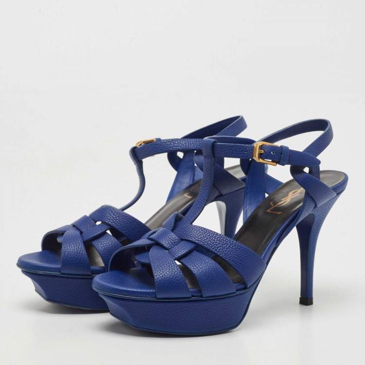 مملوكة مسبقًا Saint Laurent Paris Blue Leather Tribute Platform Ankle Strap Sandals Size 35