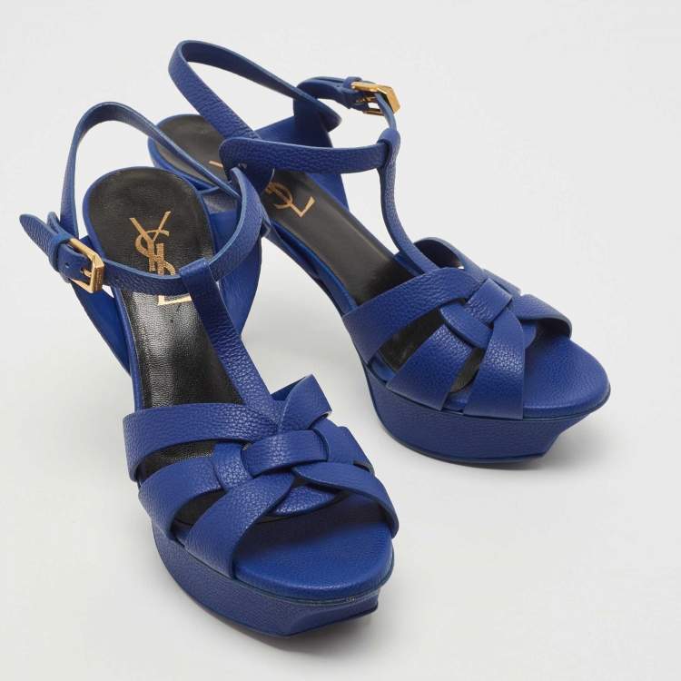 مملوكة مسبقًا Saint Laurent Paris Blue Leather Tribute Platform Ankle Strap Sandals Size 35