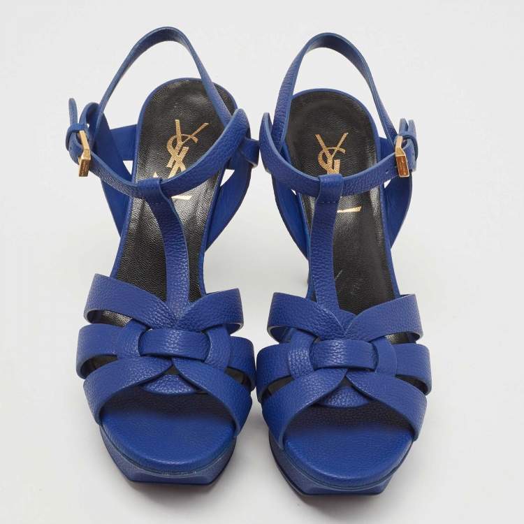 مملوكة مسبقًا Saint Laurent Paris Blue Leather Tribute Platform Ankle Strap Sandals Size 35