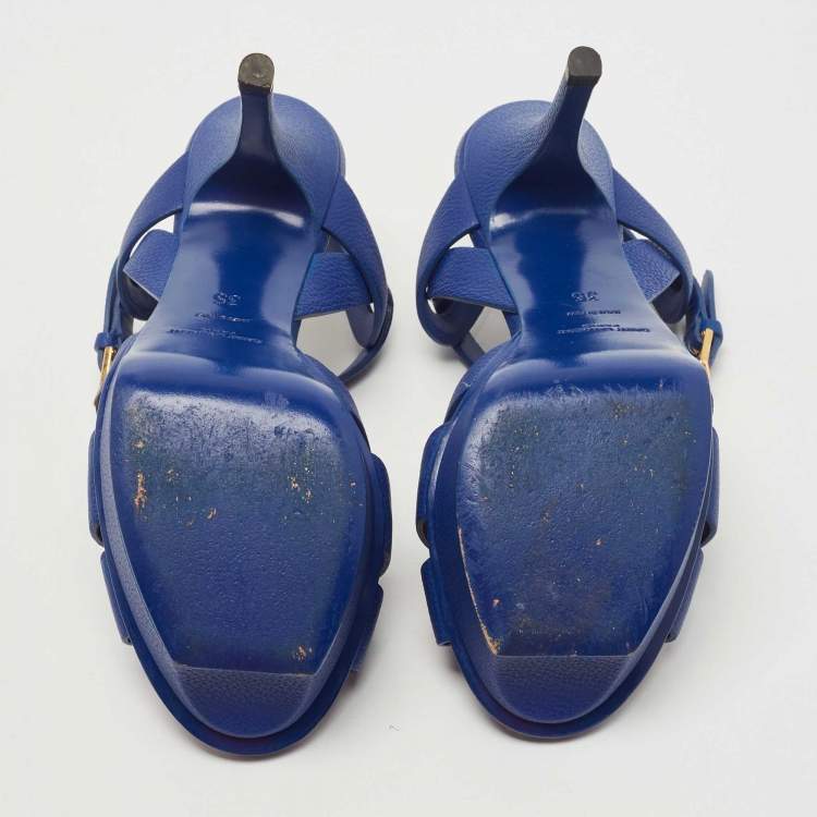 مملوكة مسبقًا Saint Laurent Paris Blue Leather Tribute Platform Ankle Strap Sandals Size 35