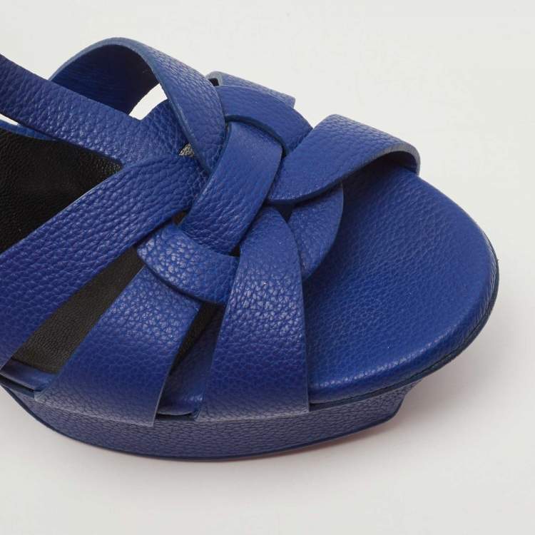 مملوكة مسبقًا Saint Laurent Paris Blue Leather Tribute Platform Ankle Strap Sandals Size 35