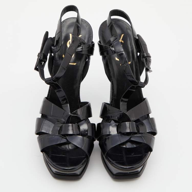 مملوكة مسبقًا Saint Laurent Black Croc Embossed Leather Tribute Ankle Strap Sandals Size 37