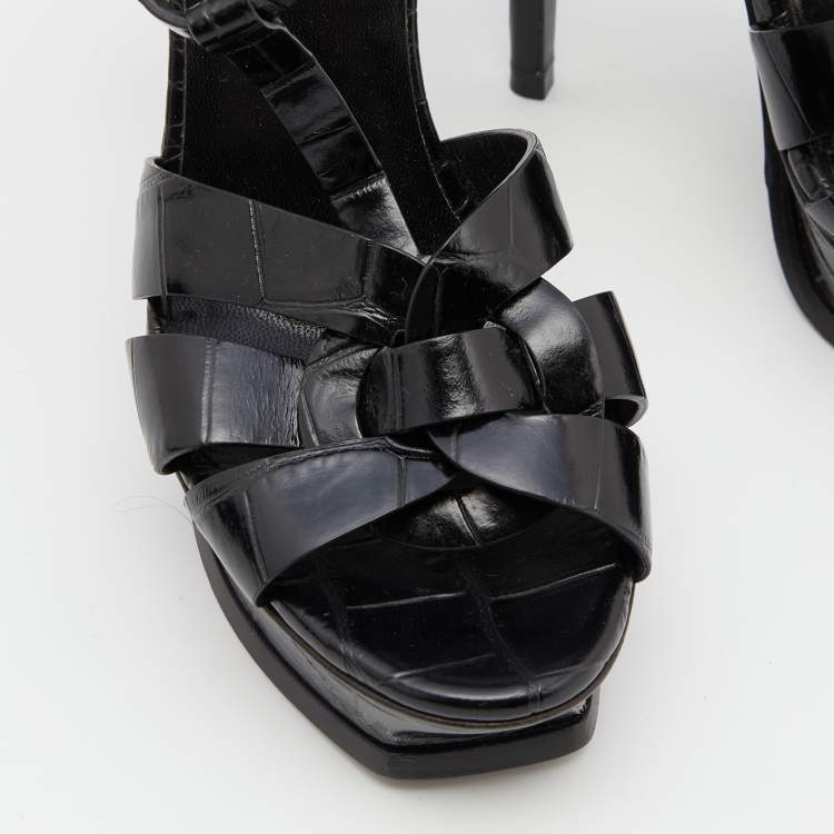 مملوكة مسبقًا Saint Laurent Black Croc Embossed Leather Tribute Ankle Strap Sandals Size 37