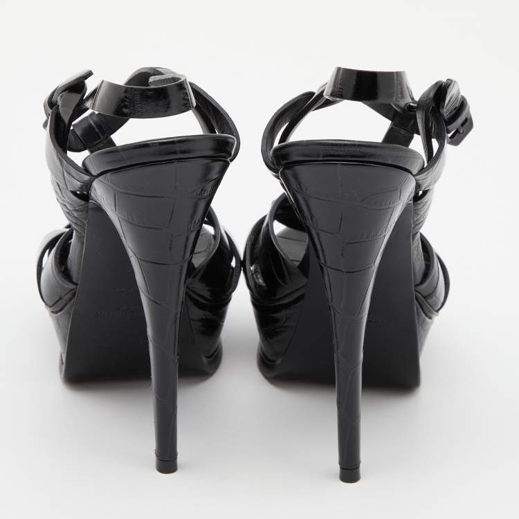 مملوكة مسبقًا Saint Laurent Black Croc Embossed Leather Tribute Ankle Strap Sandals Size 37
