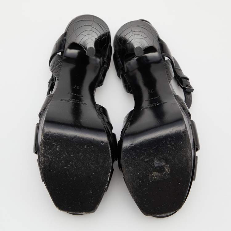 مملوكة مسبقًا Saint Laurent Black Croc Embossed Leather Tribute Ankle Strap Sandals Size 37