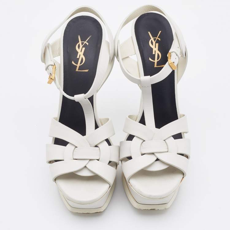 Pre Owned Saint Laurent White Leather Tribute Ankle Strap Sandals Size 38.5