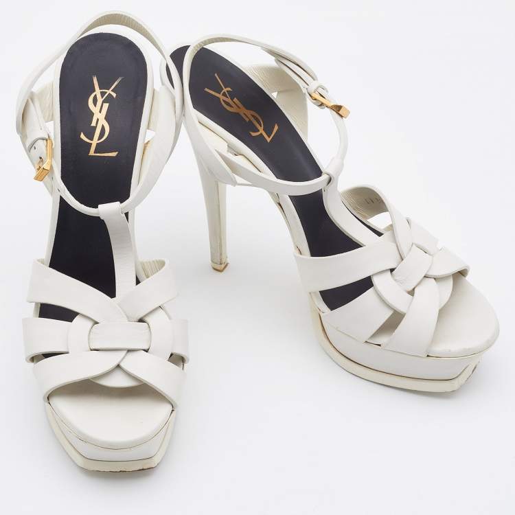 Pre Owned Saint Laurent White Leather Tribute Ankle Strap Sandals Size 38.5