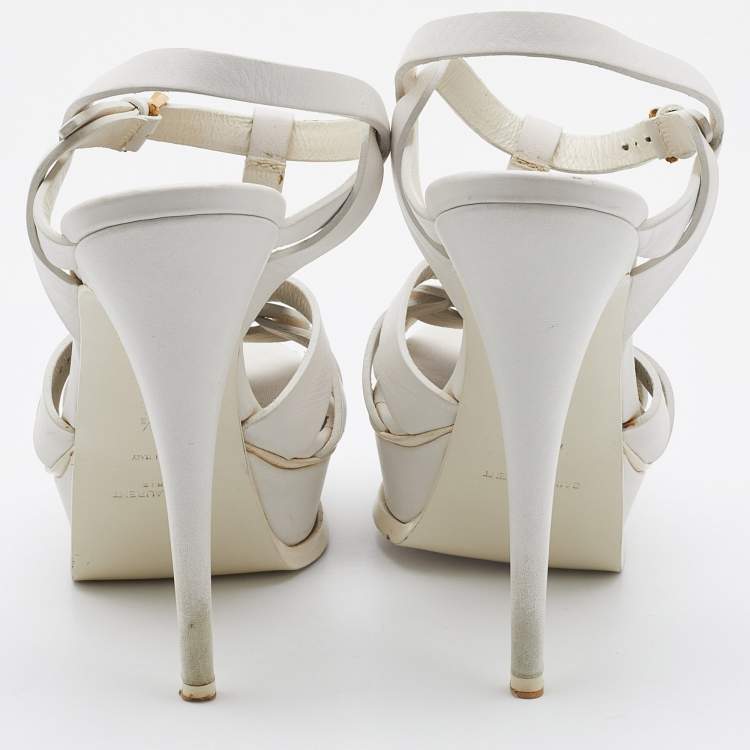 Pre Owned Saint Laurent White Leather Tribute Ankle Strap Sandals Size 38.5