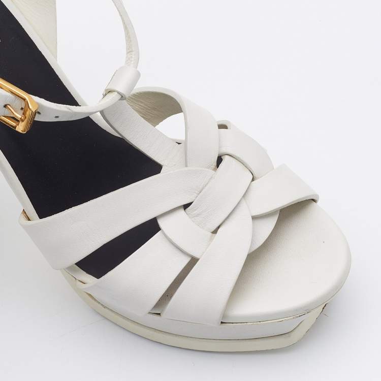 Pre Owned Saint Laurent White Leather Tribute Ankle Strap Sandals Size 38.5