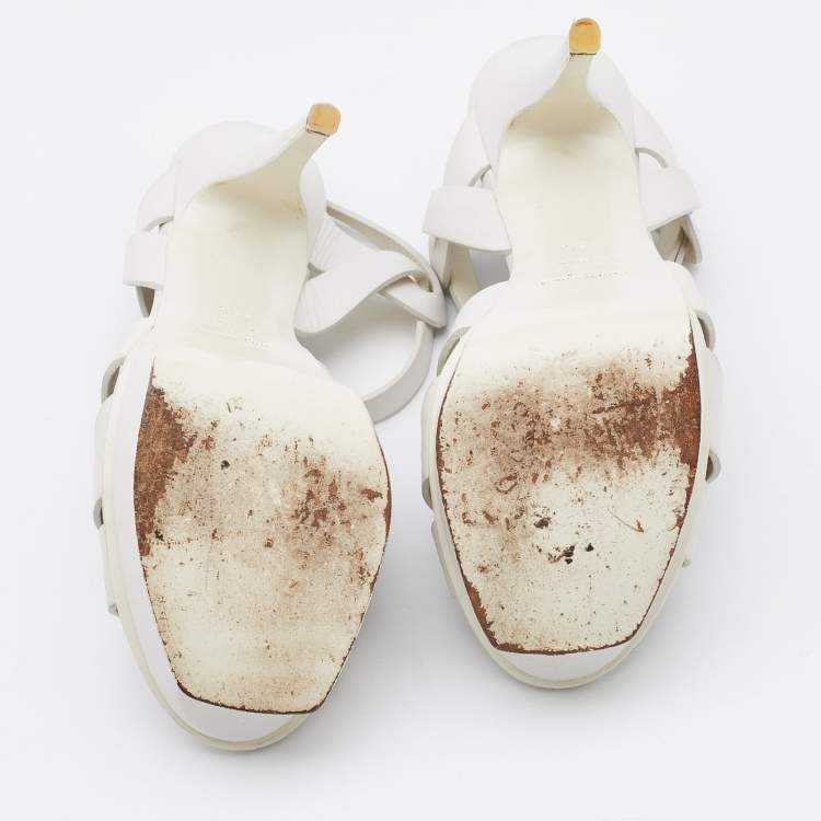 Pre Owned Saint Laurent White Leather Tribute Ankle Strap Sandals Size 38.5