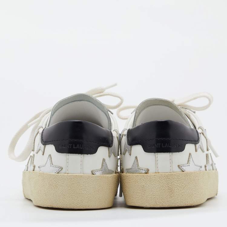 Pre Owned Saint Laurent White/Silver Leather Court Classic Star Low Top Sneakers Size 37.5