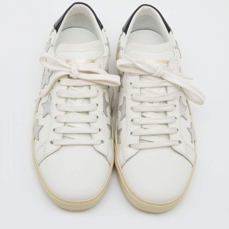 Pre Owned Saint Laurent White/Silver Leather Court Classic Star Low Top Sneakers Size 37.5