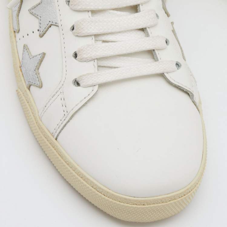 Pre Owned Saint Laurent White/Silver Leather Court Classic Star Low Top Sneakers Size 37.5