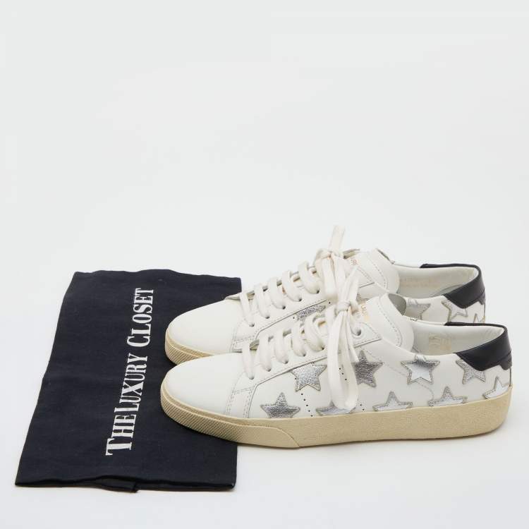 Pre Owned Saint Laurent White/Silver Leather Court Classic Star Low Top Sneakers Size 37.5