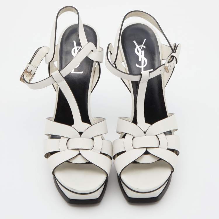 Pre Owned Saint Laurent White Leather Tribute Ankle Strap Sandals Size 38