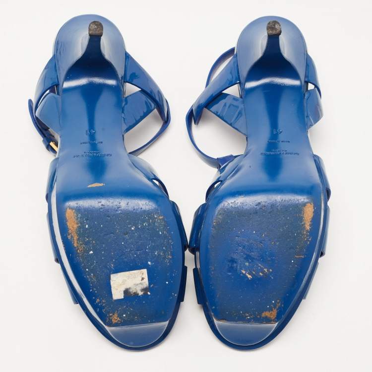 Pre Owned Saint Laurent Paris Navy Blue Patent Leather Tribute Platform Ankle Strap Sandals Size 41