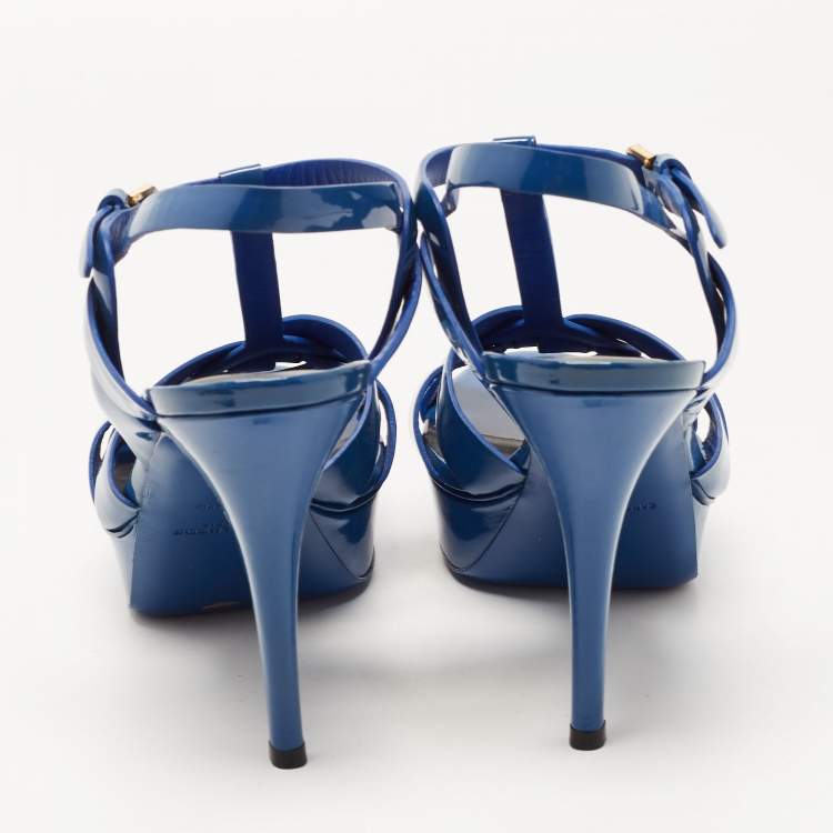 Pre Owned Saint Laurent Paris Navy Blue Patent Leather Tribute Platform Ankle Strap Sandals Size 41