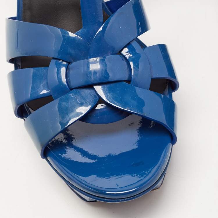 Pre Owned Saint Laurent Paris Navy Blue Patent Leather Tribute Platform Ankle Strap Sandals Size 41
