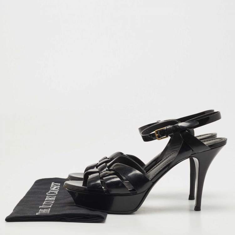 Pre Owned Saint Laurent Paris Black Leather Tribute Platform Ankle Strap Sandals Size 40.5