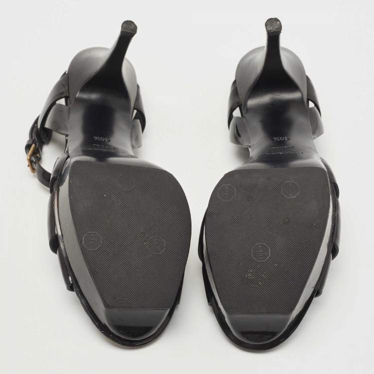 Pre Owned Saint Laurent Paris Black Leather Tribute Platform Ankle Strap Sandals Size 40.5