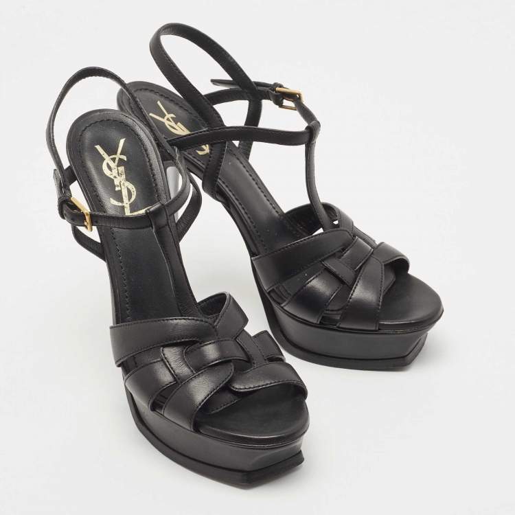 Pre Owned Saint Laurent Black Leather Tribute Platform Ankle Strap Sandals Size 40