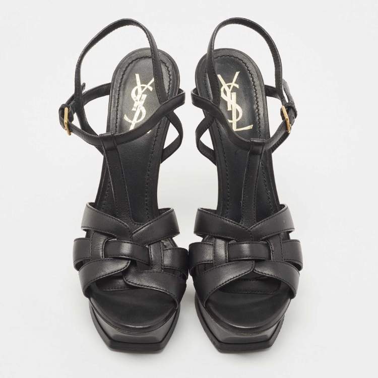 Pre Owned Saint Laurent Black Leather Tribute Platform Ankle Strap Sandals Size 40