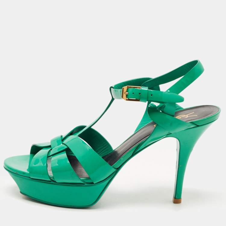 Pre Owned Saint Laurent Green Patent Leather Tribute Platform Ankle Strap Sandals Size 39