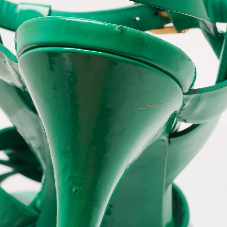 Pre Owned Saint Laurent Green Patent Leather Tribute Platform Ankle Strap Sandals Size 39