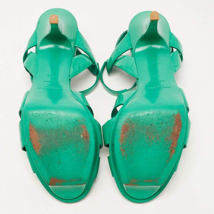 Pre Owned Saint Laurent Green Patent Leather Tribute Platform Ankle Strap Sandals Size 39