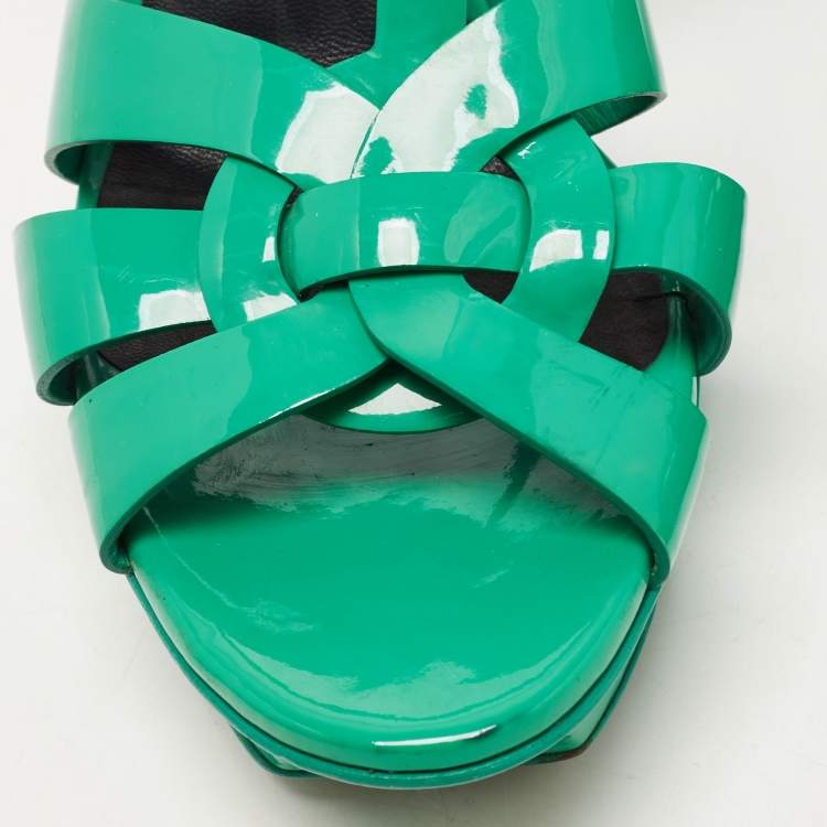 Pre Owned Saint Laurent Green Patent Leather Tribute Platform Ankle Strap Sandals Size 39
